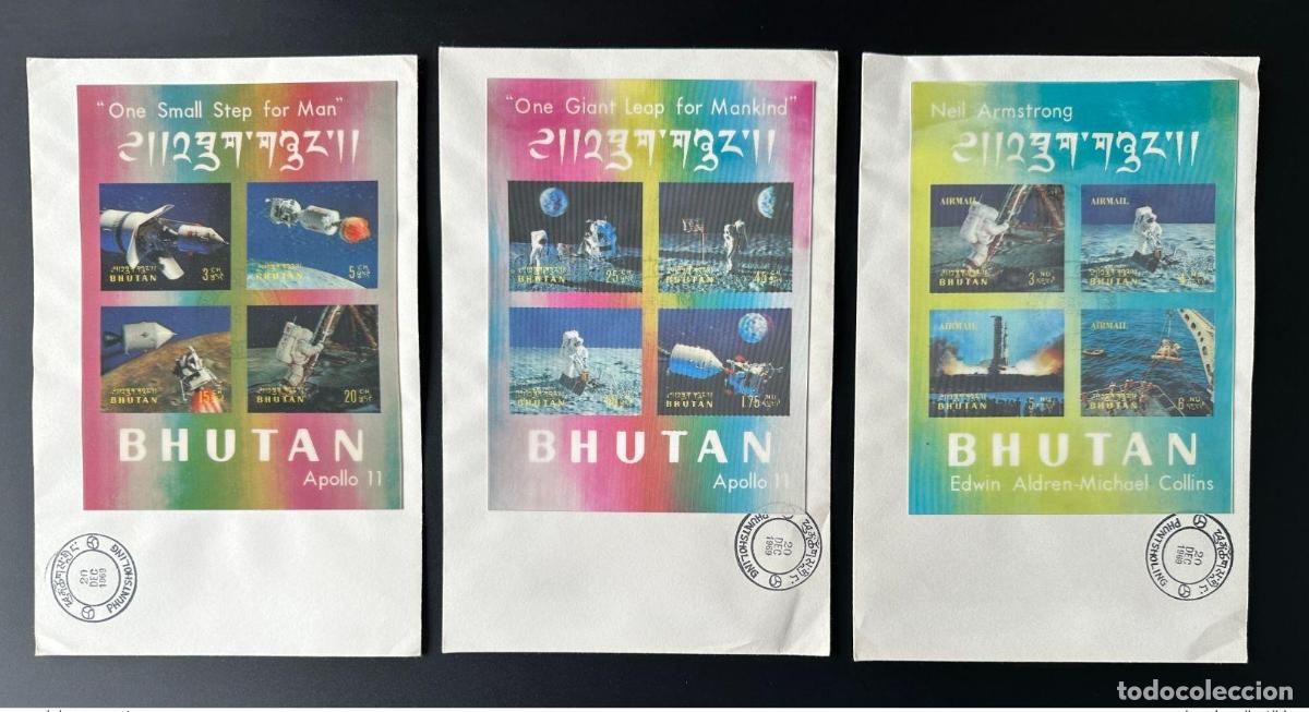 Sellos: But&aacute;n 1969 Mi. Bl. 32 - 34 FDC Primer d&iacute;a de alunizaje en 3D Luna Apolo 11