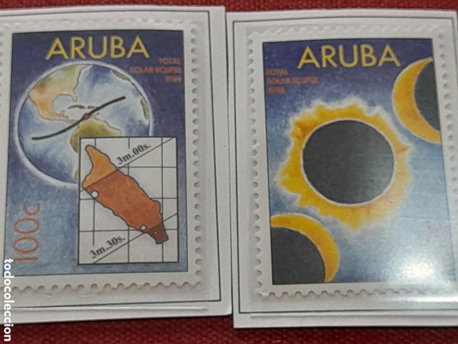 Sellos: Sello Aruba nuevo 1998. Eclipse total de sol. Espacio. Astronom&iacute;a. Astro. Cosmos. Cartograf&iacute;a. Globo