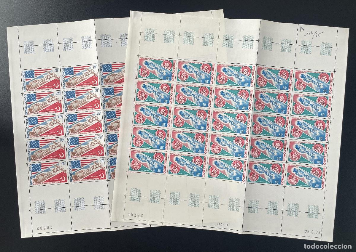 Sellos: Congo 1973 YT PA 174-175 tabl&oacute;n cooperaci&oacute;n espacial EE. UU. URSS Apolo Soyuz