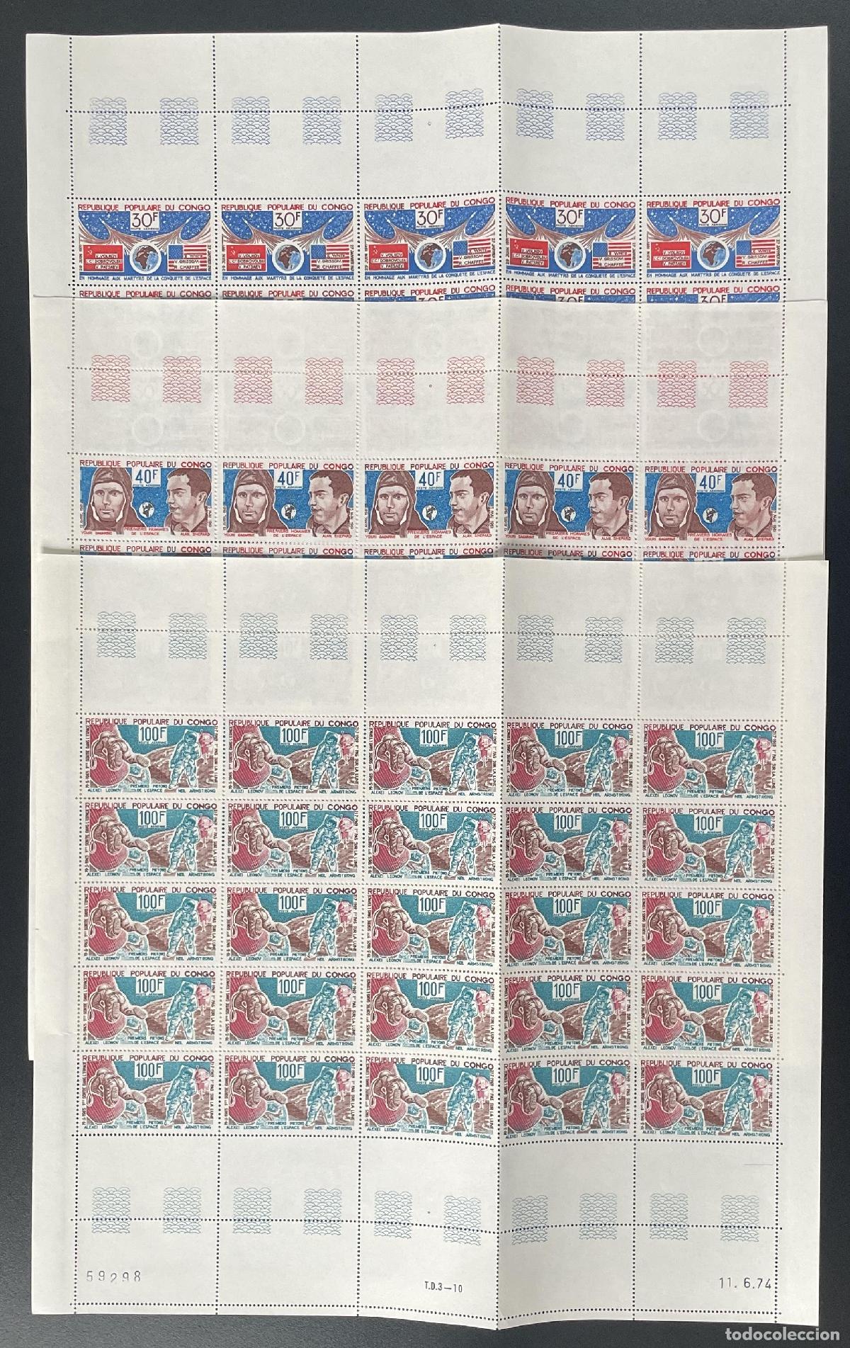 Sellos: Congo 1973 YT PA 185-187 tabl&oacute;n cosmonautas espaciales Leonov Armstrong Gagarin