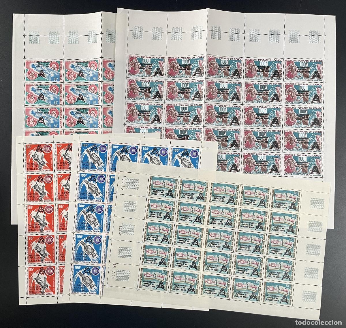 Sellos: Congo 1979 YT PA 249-253 tabl&oacute;n Apolo XI alunizaje astronautas del espacio