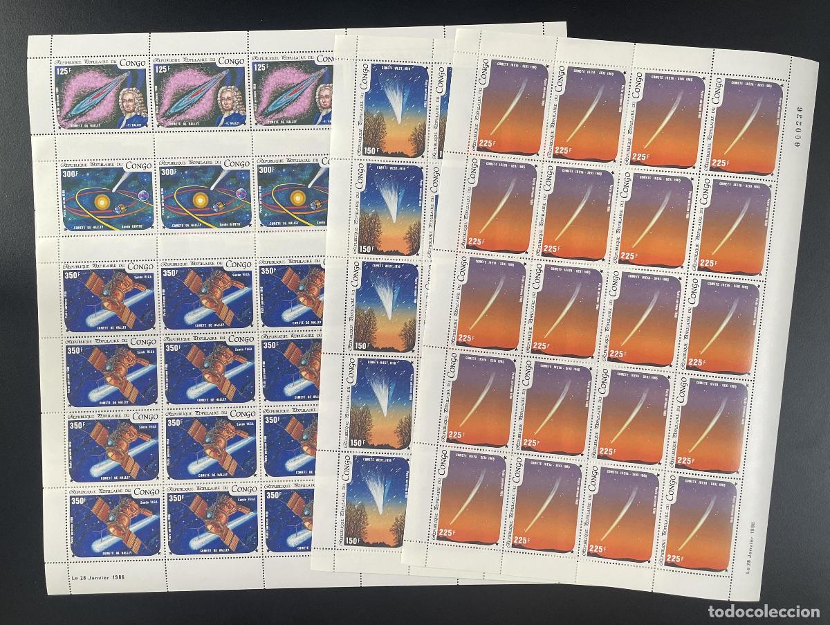 Sellos: Congo 1986 YT PA 343-347 tabl&oacute;n cometa Halley astronom&iacute;a espacial