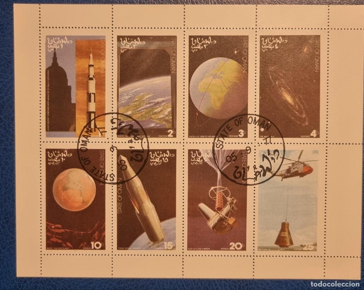 Sellos: SELLO USADO OMAN 1977 Hoja con 8 valores de CONQUISTA DEL ESPACIO