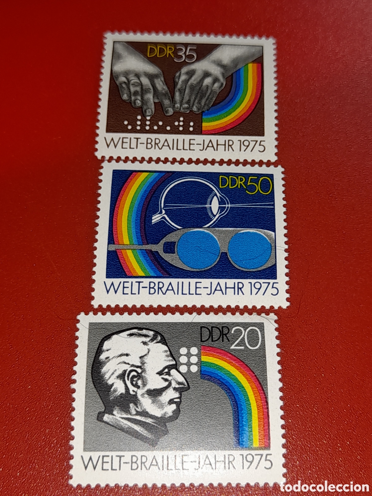 Sellos: Sello Alemania, DDR nuevo 1975. 150Aniv escuela braille. Comunicaci&oacute;n. &Oacute;ptica. Leguaje. Ojo. Manos.