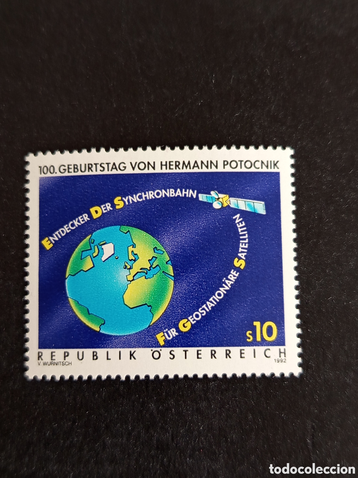 Sellos: AUSTRIA, 1992. Hernan Potocnick, astrof&iacute;sico. Tierra y sat&eacute;lite en &oacute;rbita. Yv 1912. Pedido m&iacute;nimo 3&euro;
