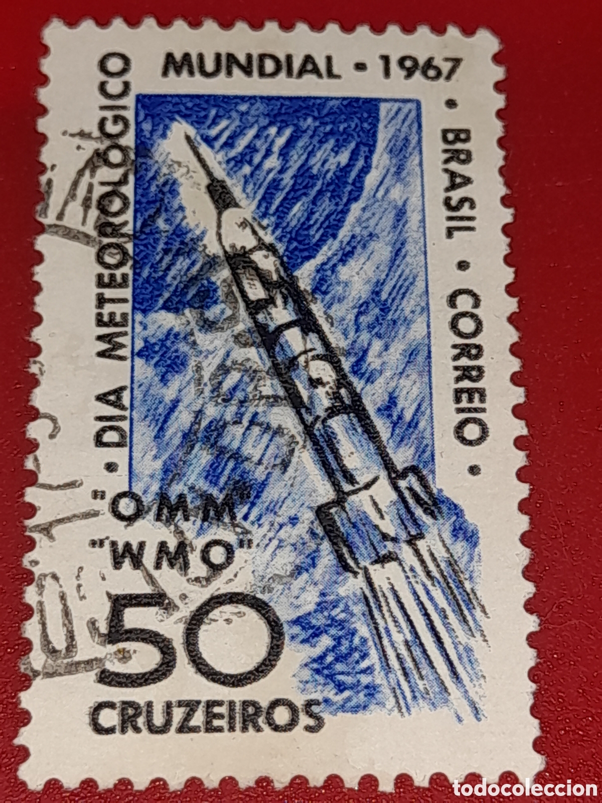 Sellos: Sello Brasil mtdo/udo 1967. D&iacute;a mundial Meteorolog&iacute;a. Espacio. Cohete. Astro.