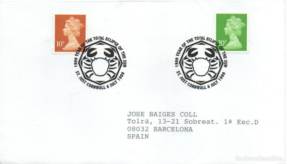Sellos: GRAN BRETA&Ntilde;A, ECLIPSE TOTAL DEL SOL, MATASELLO DE ST. JUST CORNWALL DEL 6.7-1999