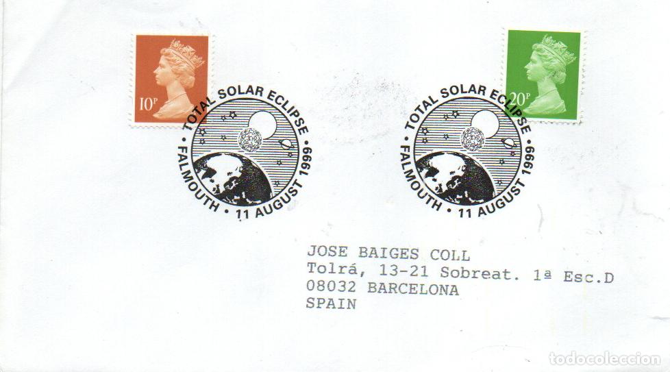 Sellos: GRAN BRETA&Ntilde;A, ECLIPSE TOTAL DEL SOL, MATASELLO DE FALOUTH DEL 11.8-1999