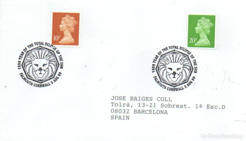 Sellos: GRAN BRETA&Ntilde;A, ECLIPSE TOTAL DEL SOL, MATASELLO DE FALOUTH CORNWALL DEL 3-8-1999