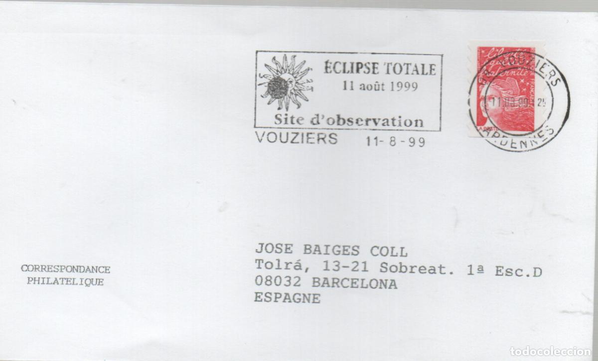 Sellos: FRANCIA, ECLIPSE TOTAL DEL SOL, MATASELLO DE VOUZIERS DEL 11-8-1999