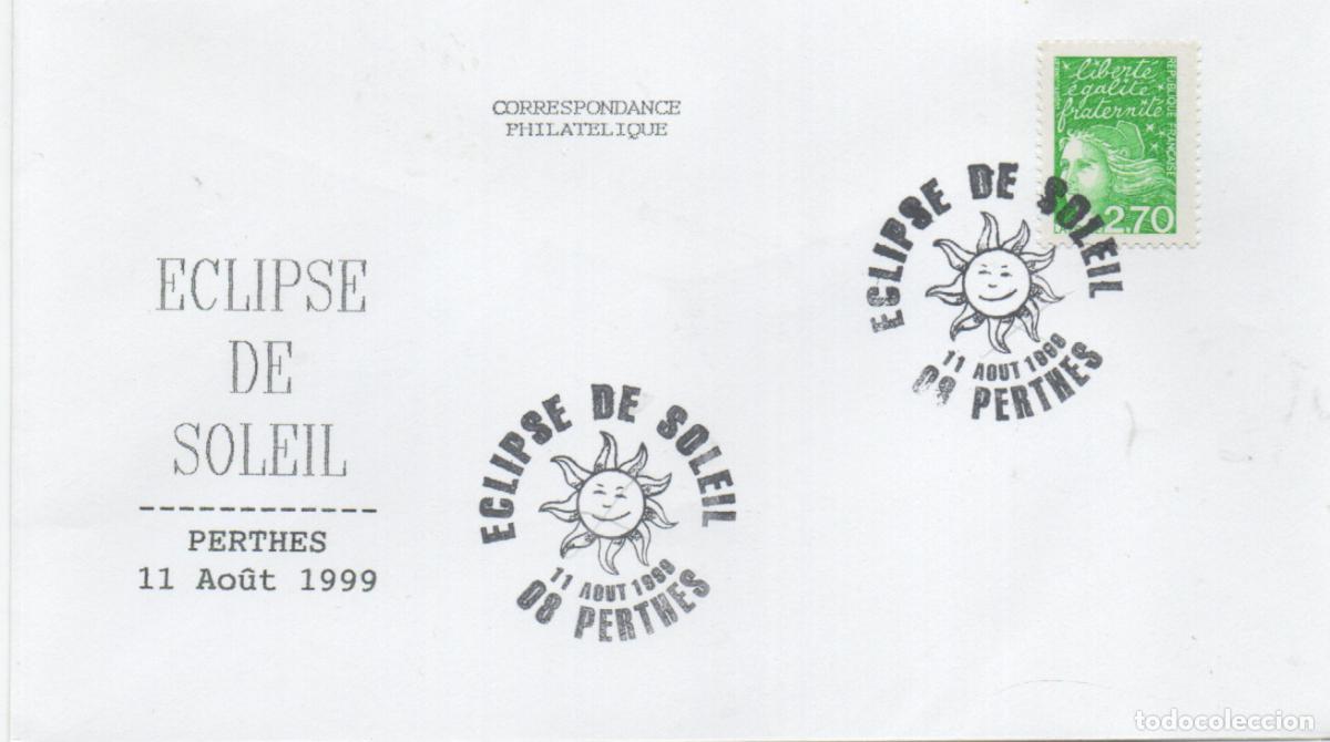 Sellos: FRANCIA, ECLIPSE TOTAL DEL SOL, MATASELLO DE PERTRES DEL 11-8-1999