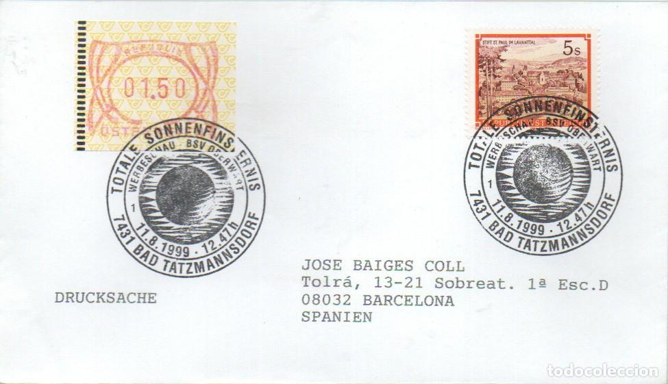 Sellos: AUSTRIA, ECLIPSE TOTAL DEL SOL, MATASELLO DE BAD TATZMANNSDORF DEL 11-8-1999 A LAS 12.47H