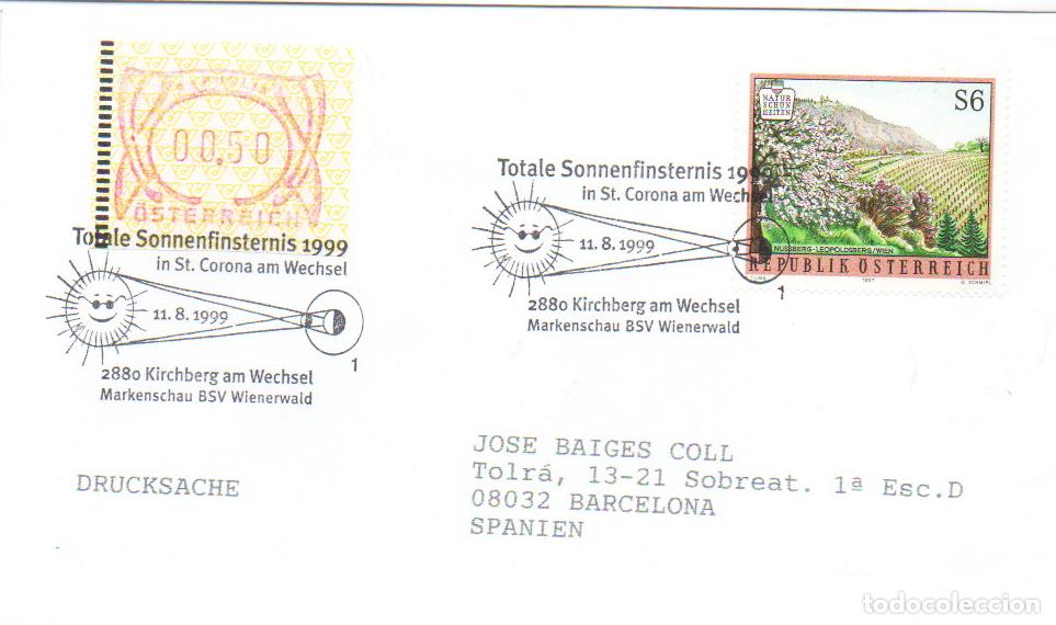 Sellos: AUSTRIA, ECLIPSE TOTAL DEL SOL, MATASELLO DE KIRCHBRERG AM WECHSEL DEL 11-8-1999