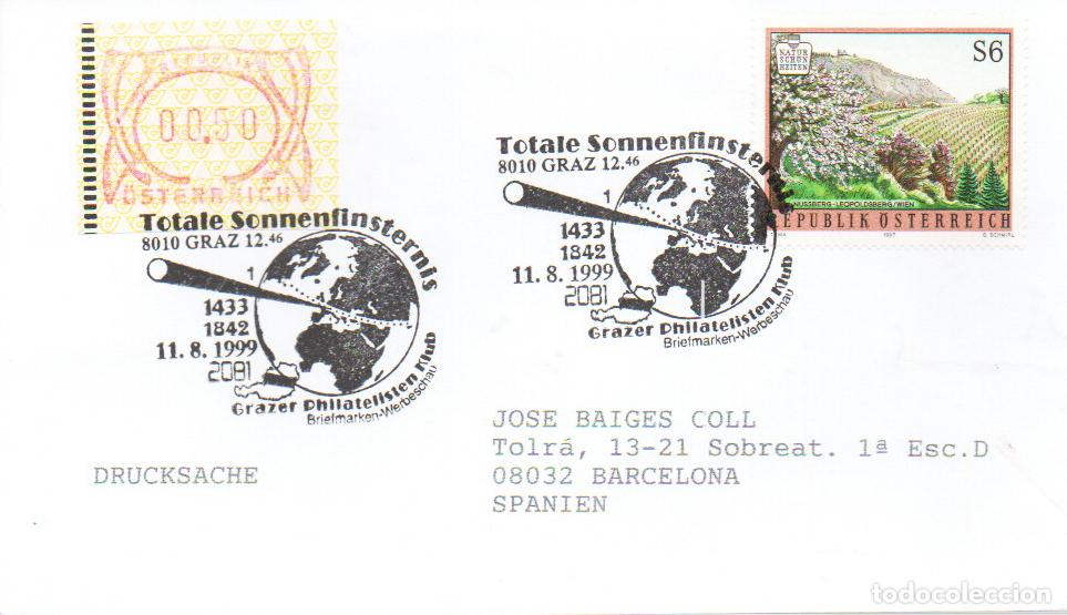 Sellos: AUSTRIA, ECLIPSE TOTAL DEL SOL, MATASELLO DE GRAZER DEL 11-8-1999