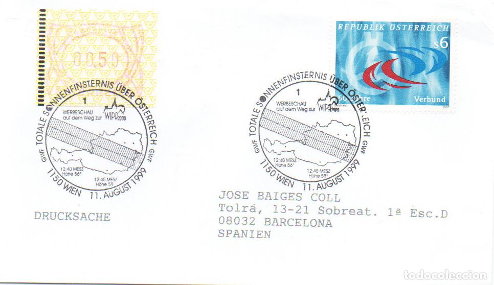 Sellos: AUSTRIA, ECLIPSE TOTAL DEL SOL, MATASELLO DE VIENA DEL 11-8-1999