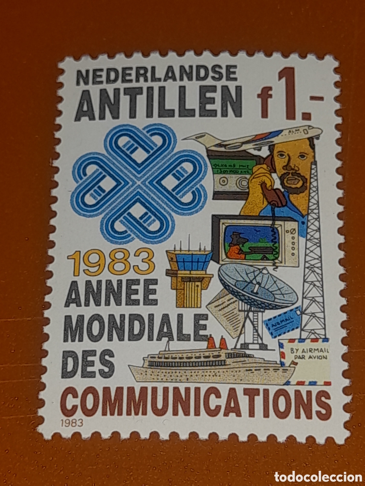 Sellos: Sello Antillas Holandesas nuevo 1983. A&ntilde;o inter comunicaciones. Espacio Barco. Televisi&oacute;n Telefono