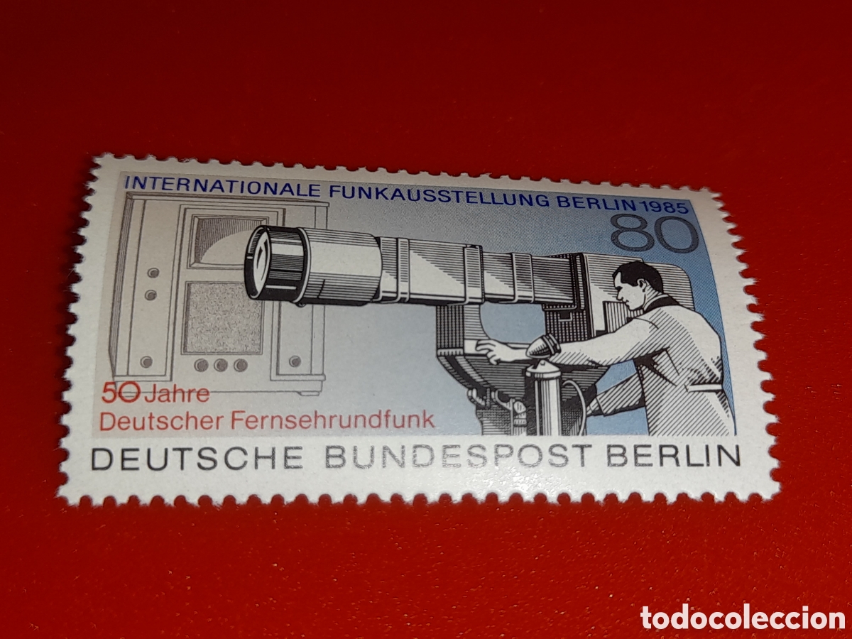 Sellos: Sello Alemania. Berlin nuevo 1985. Exp inter television. Comunicaciomes. Camara. Optica. Esoacio.