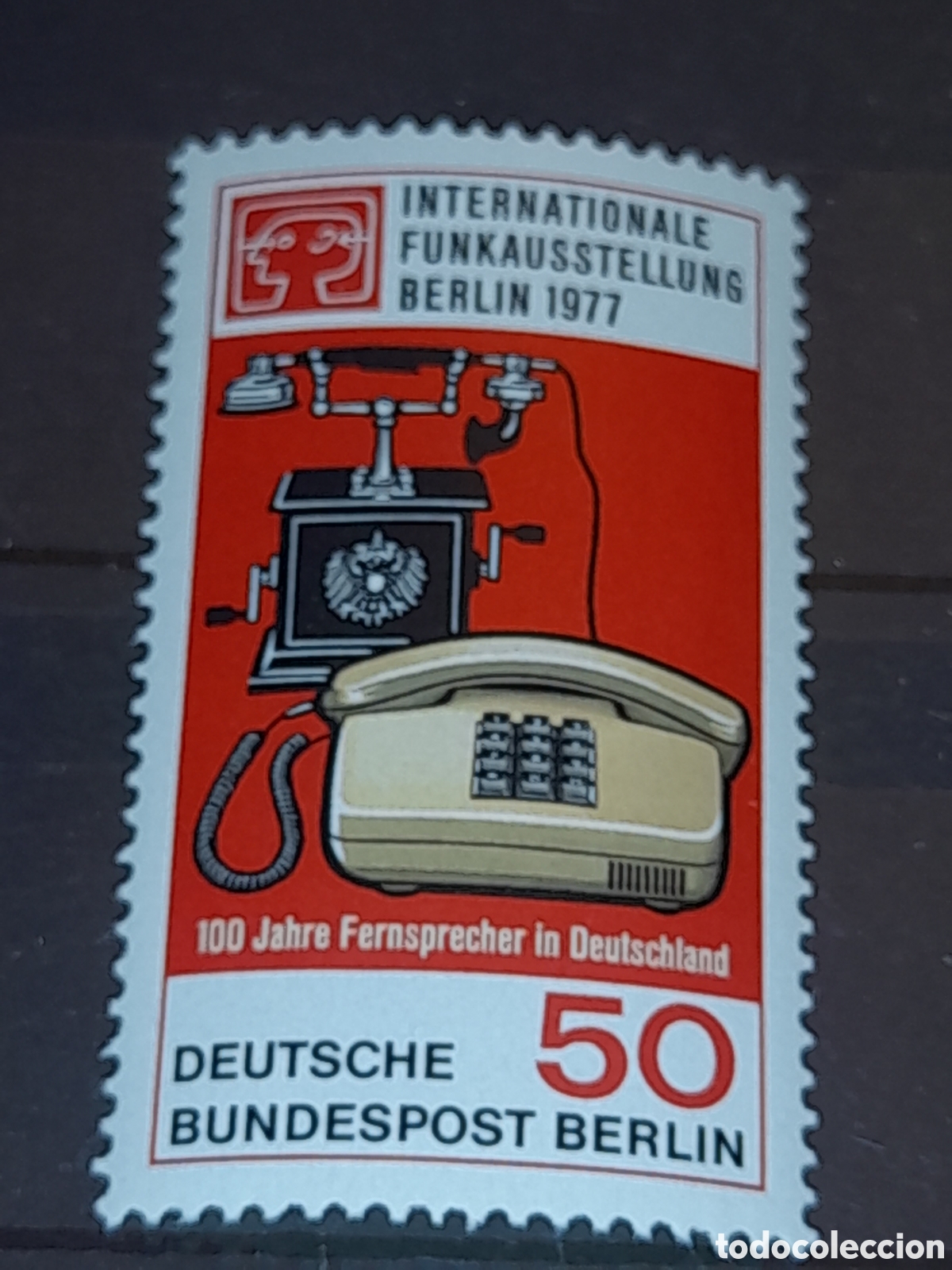 Sellos: Sello Alemania, Berlin nuevo 1977. Exp inter telecomunicaciones. Espacio. Tel&eacute;fono.