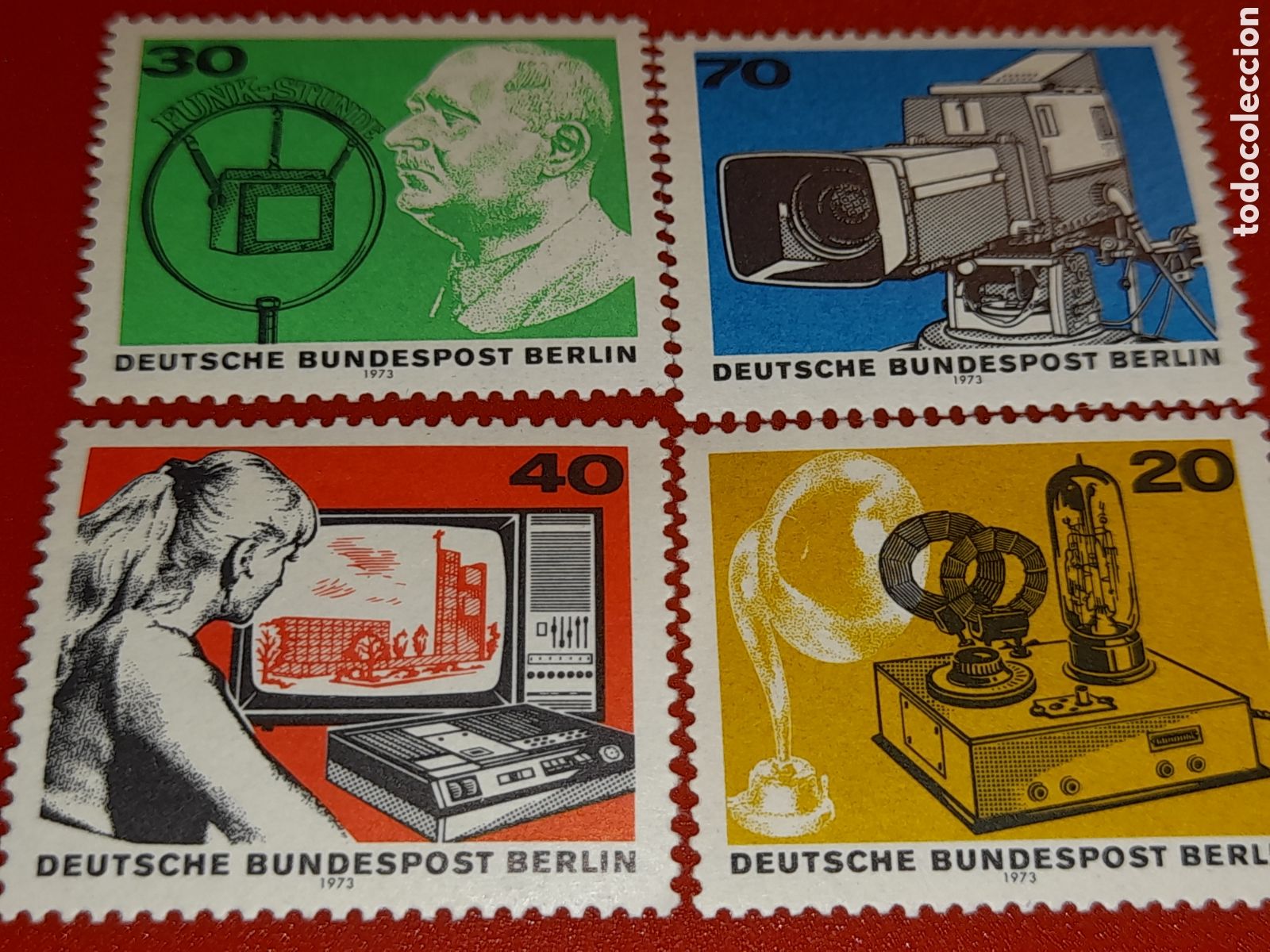Stamps: Sell Alemania, Berlin nuevo 1973. 50Aniv radio. Television. Inventos. Comunicacion. Espacio. Emisora
