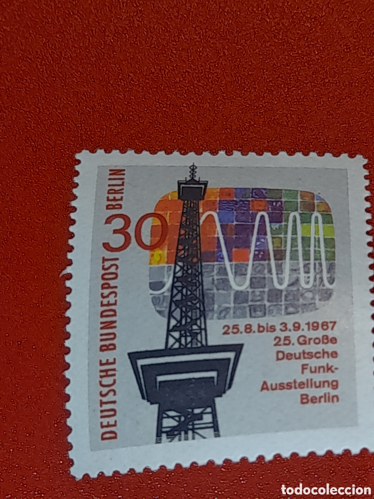Sellos: Sello Alemania, Berlin nuevo 1967. 25Aniv radio, televisi&oacute;n. Espacio. Antena. Comunicaciones. Ondas.