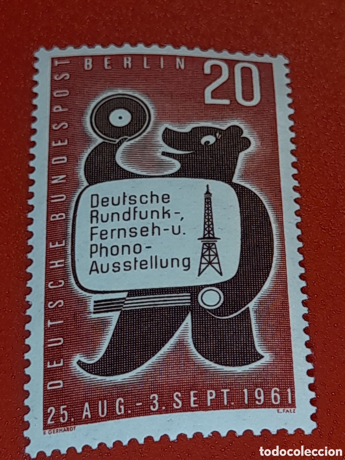 Sellos: Sello Alemania, Berlin nuevo 1961. Exp radio, television. Espacio. Comunicaciones. Oso. Fauna. Anten