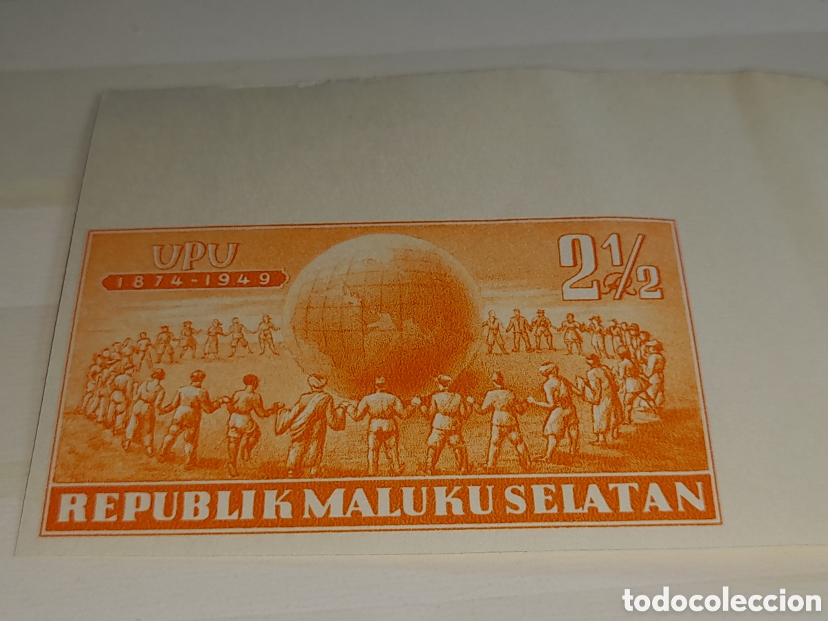 Sellos: Sello (1/2v) Molucas nuevo 1950. 75Aniv Uni&oacute;n Postal Universal. U.P.U. Globo terr&aacute;queo. Gente.