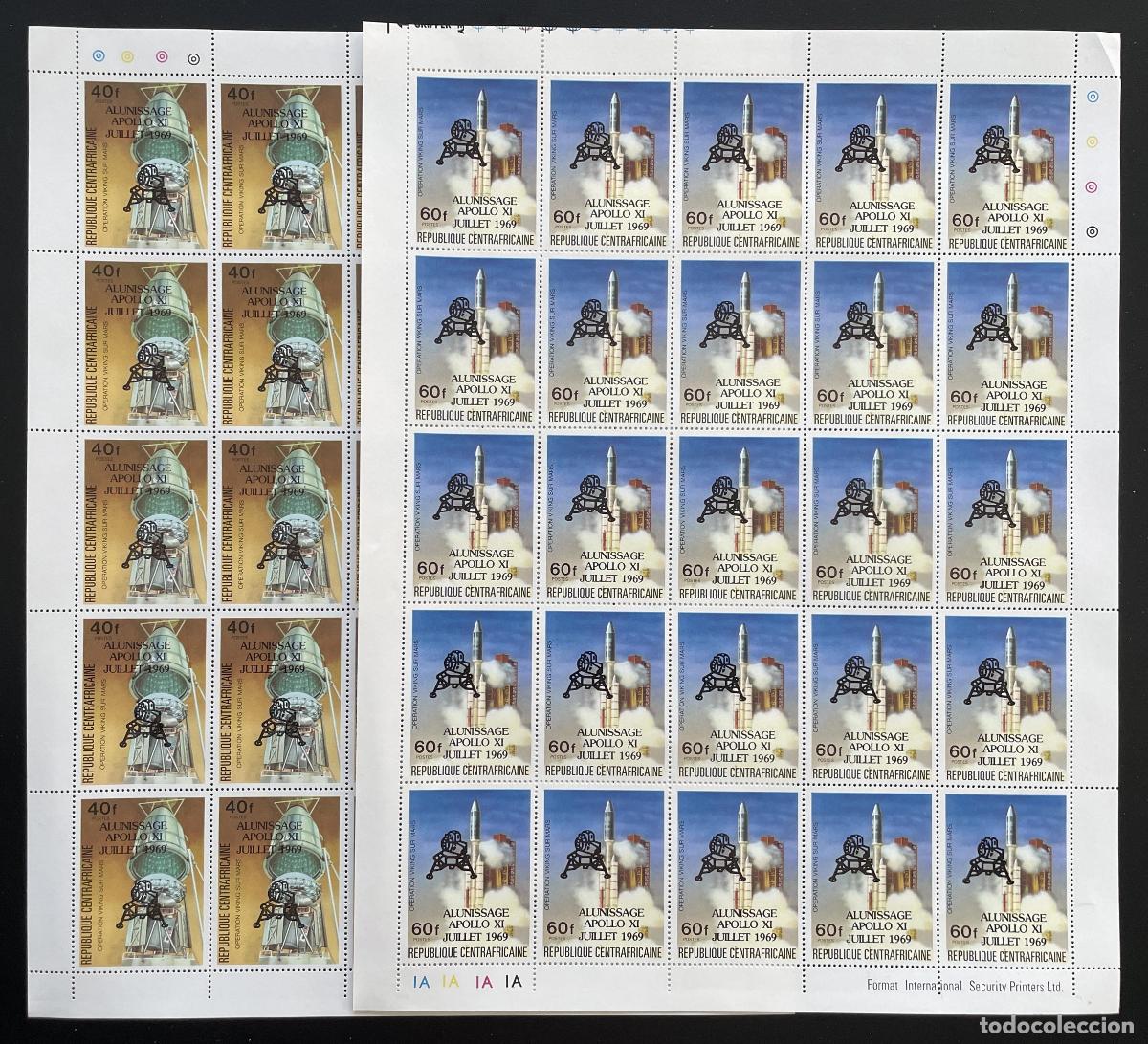 Sellos: Central African 1979 YT 393-394 sobreimpresi&oacute;n tabl&oacute;n Apolo XI space Viking Mars