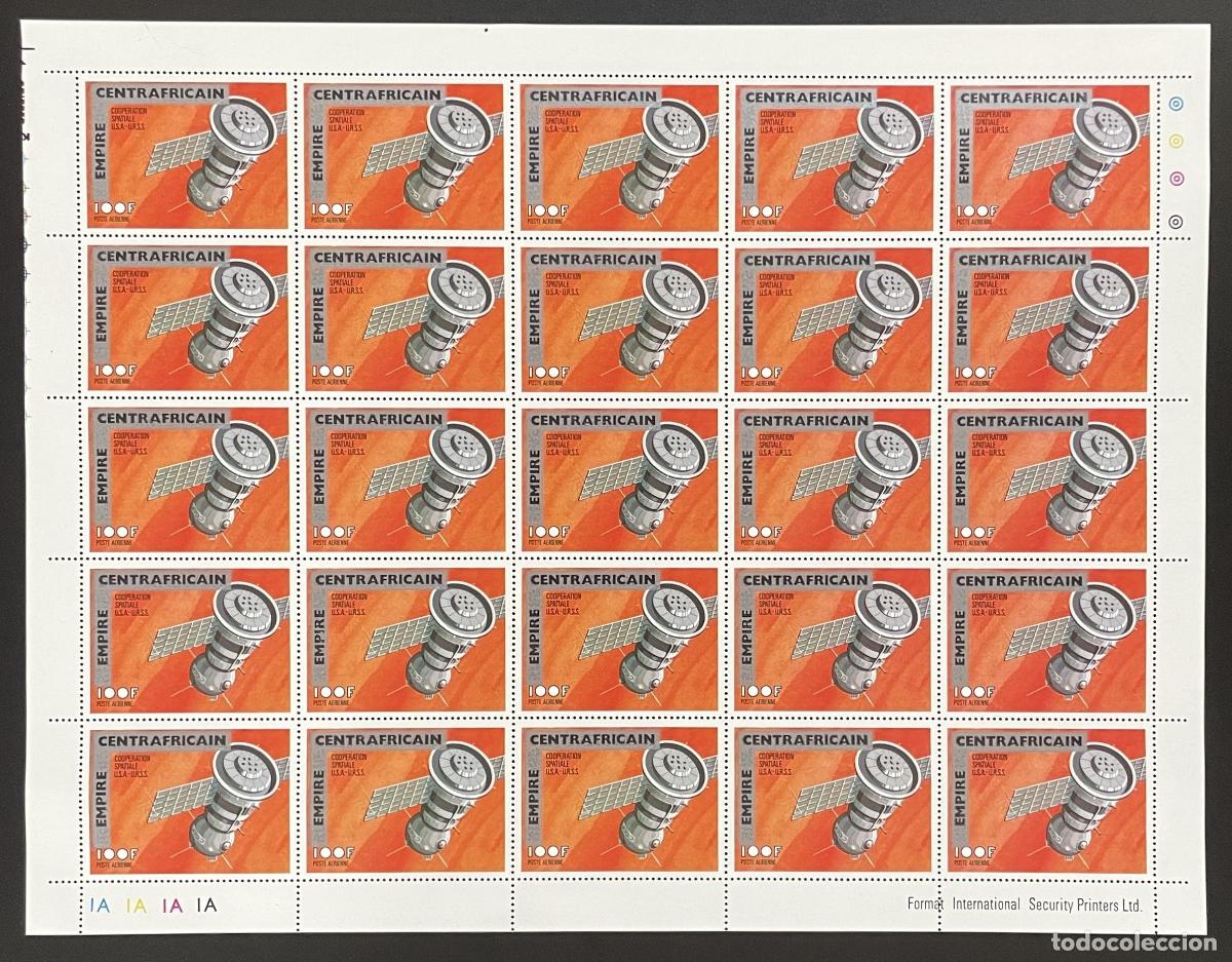 Sellos: Centroafricana 1977 YT PA 162 tabl&oacute;n sobrecargado cooperaci&oacute;n espacial EE. UU. URSS