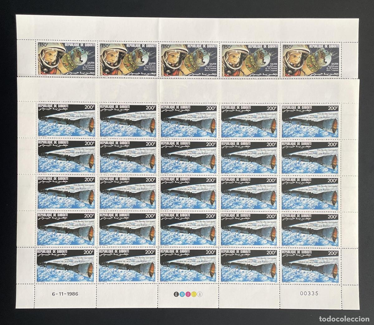 Timbres: Djibouti 1986 YT PA 231 232 bloque espacio Gemini VIII Agena astronauta