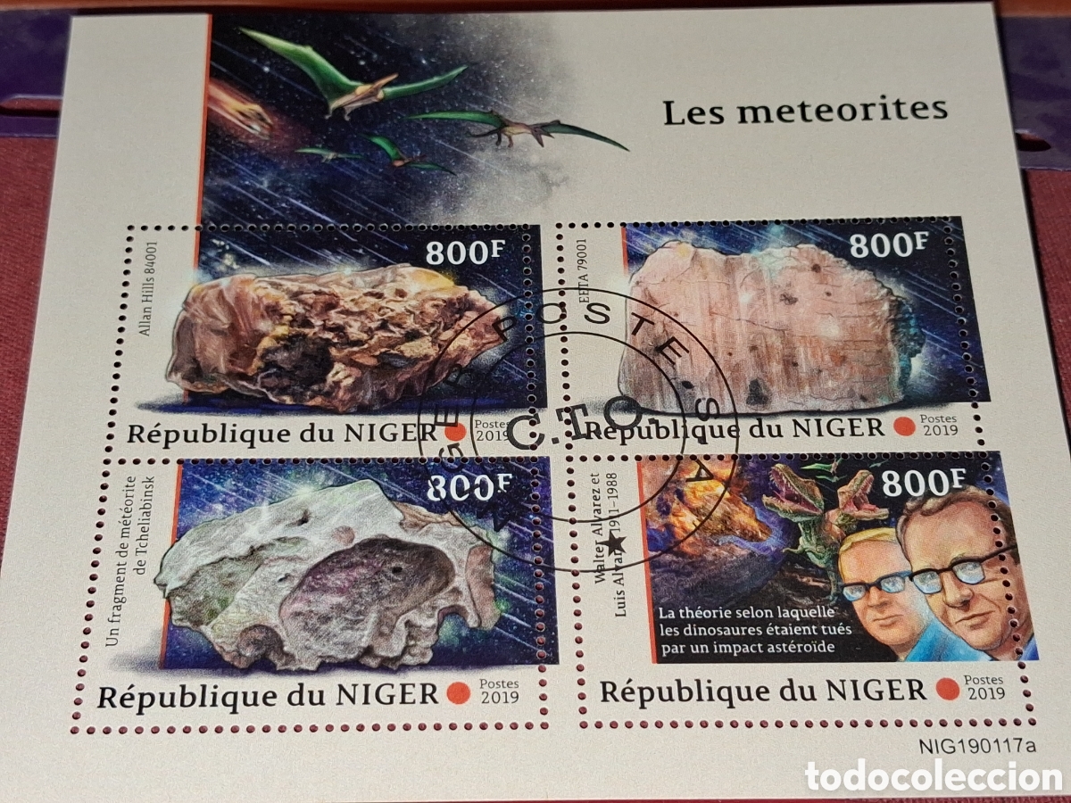 Sellos: HB N&iacute;ger mtdo 2019. Meteoritos. Asteroides. Astros. Espacio. Rocas. Minerales. Dinosaurios.