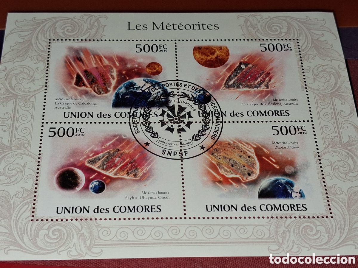 Sellos: HB Comoras mtdo 2010. Meteoritos. Asteroides. Rocas. Espacio. Minerales. Astros.