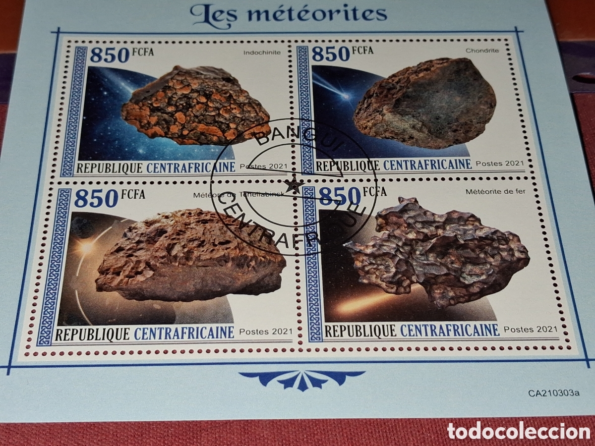 Sellos: HB Centroafricana mtdo 2021. Meteoritos. Asteroides. Rocas. Espacio. Minerales. Astros.