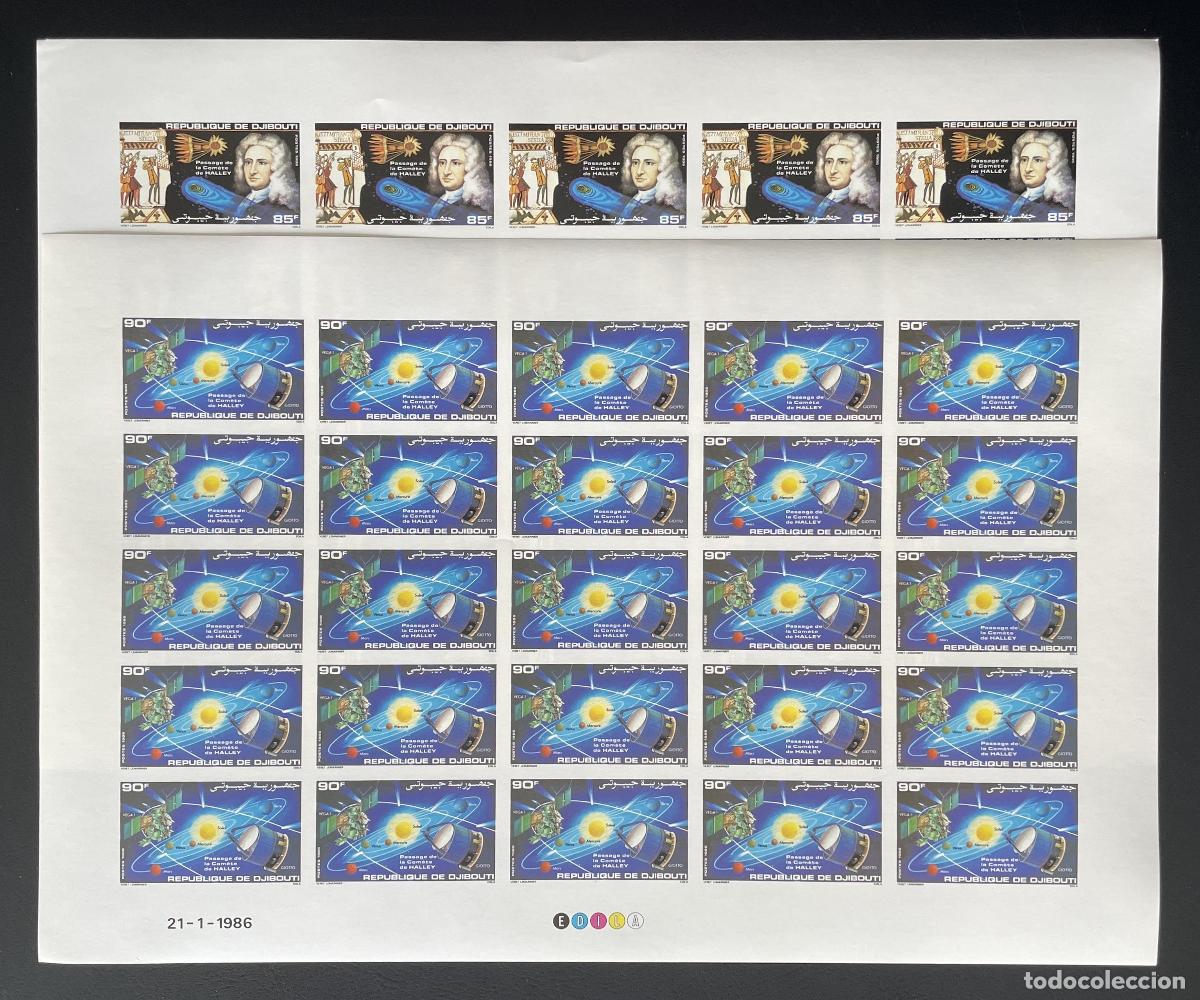 Sellos: Djibouti 1985 YT 616 617 ND tabl&oacute;n cometa Halley espacio astronom&iacute;a