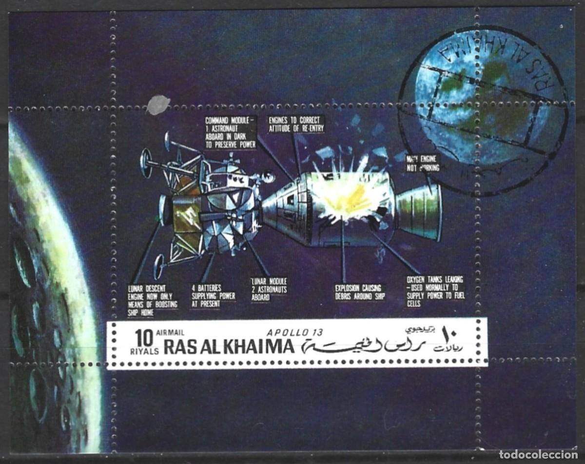 Sellos: RAS AL KHAIMA - APOLLO 13 - LANZAMIENTO DE LA NAVE ESPACIAL - EL 11 DE ABRIL DE 1970 - BL. ESTAMPADO