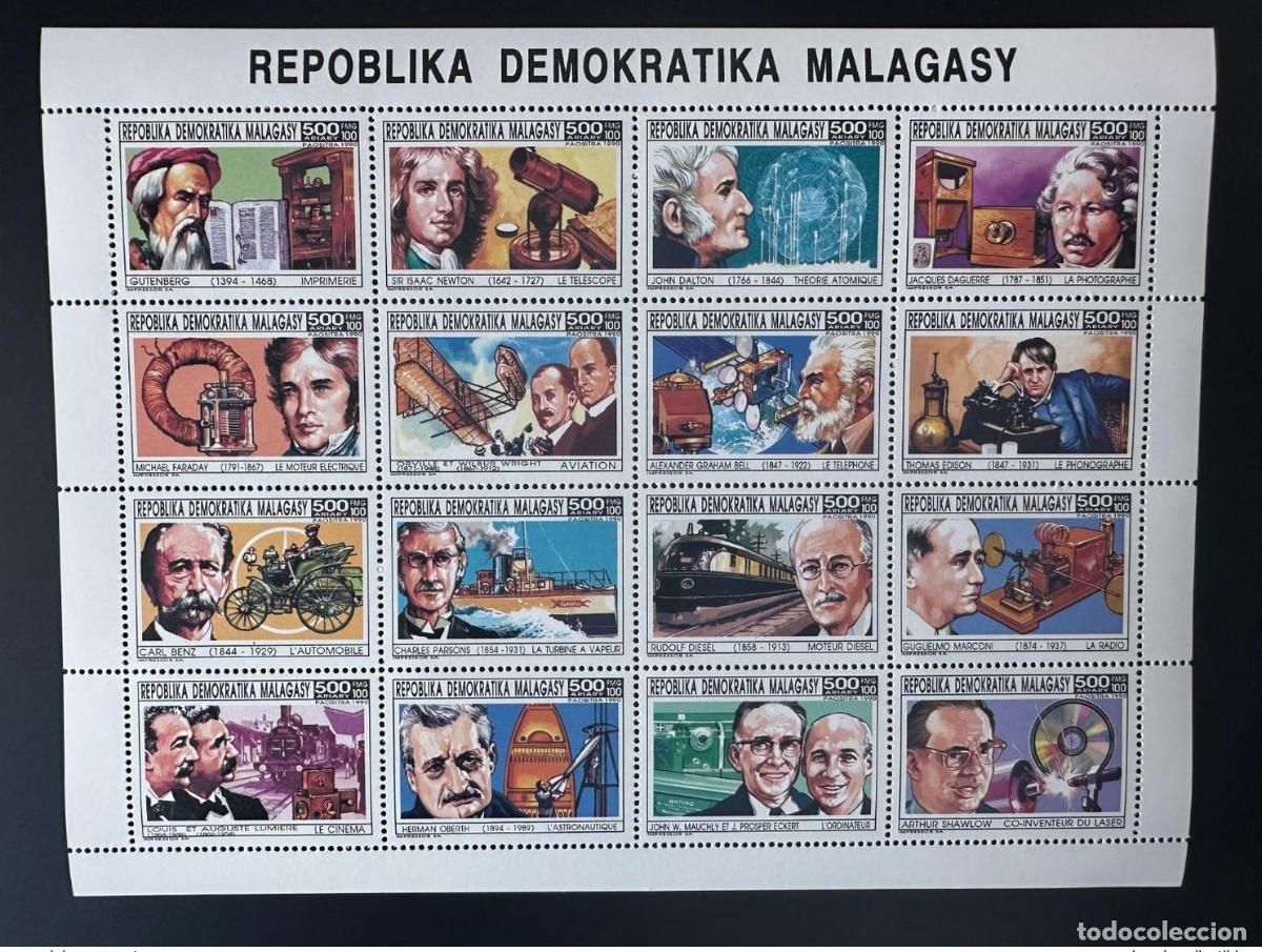 Stamps: Madagascar 1990/1993 Mi. 1478 - 1493 Gutenberg Newton Wright Bell Diesel