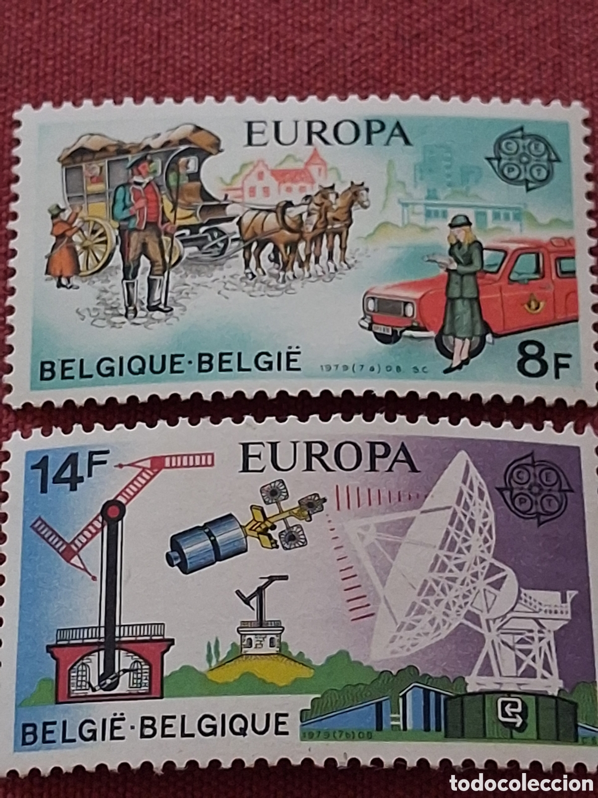 Sellos: Sello B&eacute;lgica nuevo 1979. Emisi&oacute;n conjunta Europa. CEPT. Espacio. Carruaje. Sat&eacute;lite. Coche. Caballo
