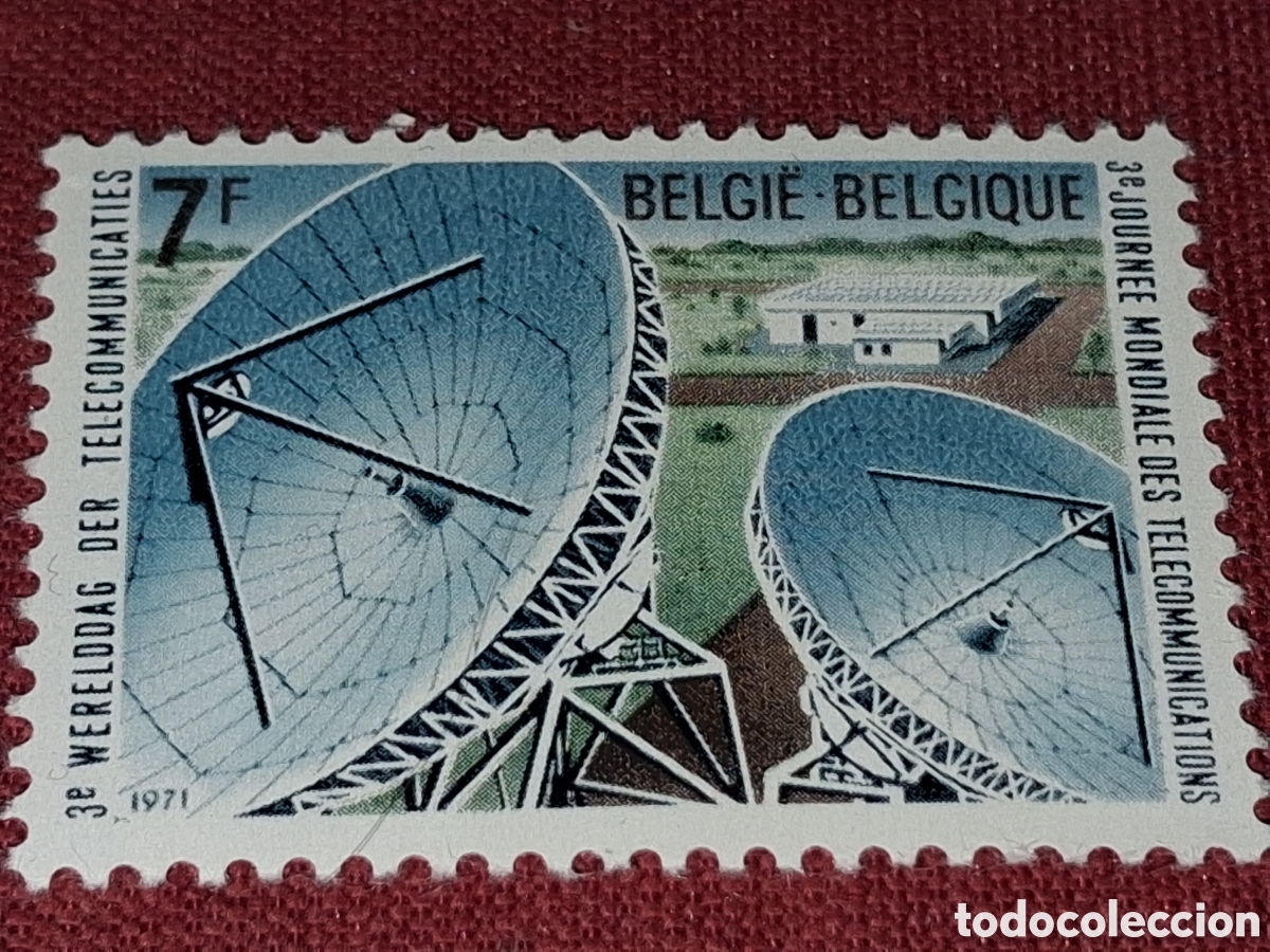Sellos: Sello B&eacute;lgica nuevo 1971. D&iacute;a mundial telecomunicaci&oacute;n. Espacio. Anrenas. Parab&oacute;lica