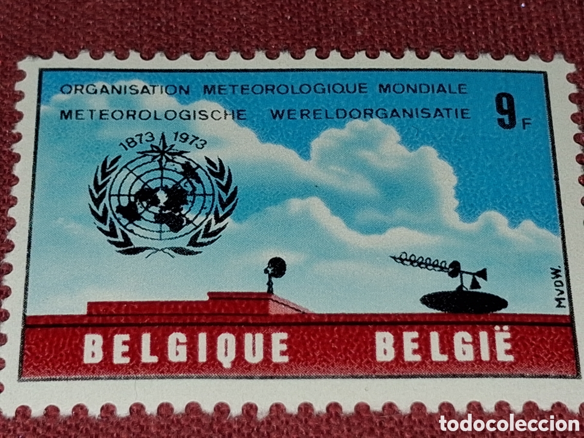 Sellos: Sello B&eacute;lgica nuevo 1973. 100Aniv organizaci&oacute;n Meteorolog&iacute;a inter. Espacio. Antena. Cielo. Nubes.