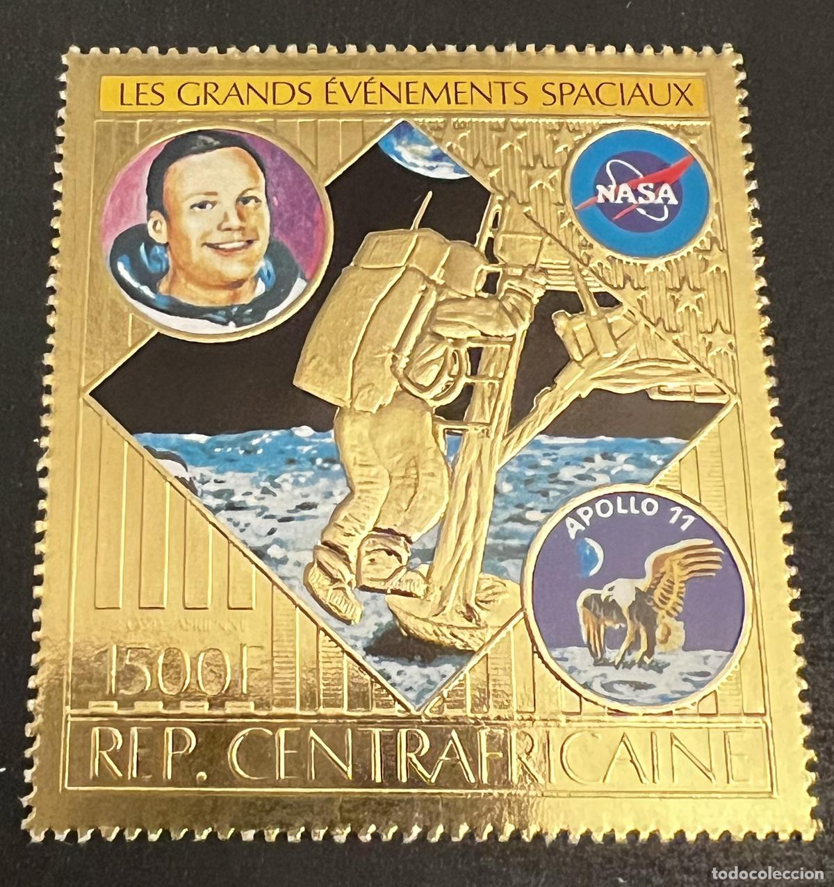 Sellos: Centro&aacute;frica 1990 Mi. 670A Apollo 11 NASA Armstrong espacio Luna oro