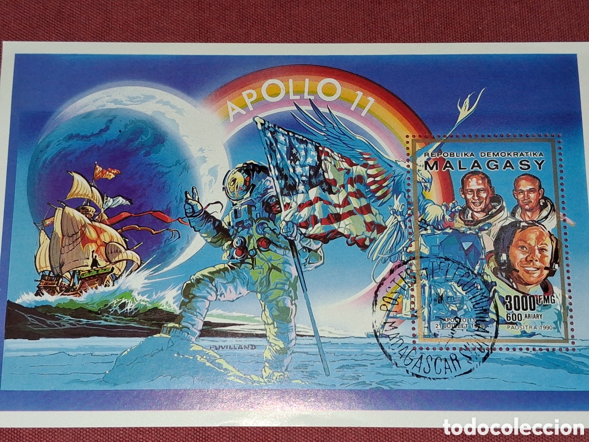 Timbres: HB Madagascar mtdo 1990. Aniversarios. Apollo XI. Espacio. Barco. Col&oacute;n. Bandera.Astronauta Luna Ave