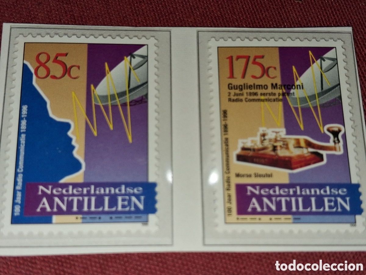 Sellos: Sello Antillas Holandesas nuevo 1996. 100Aniv radio. Comunicaciones. Espacio. Antena. Morse. Ondas