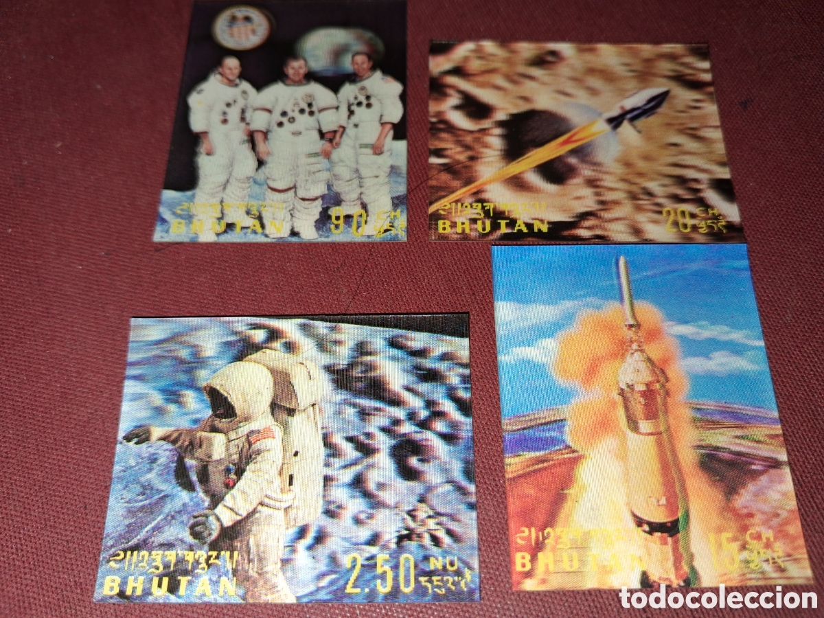 Stamps: Sello 3D Bhutan nuevo/bg 1972. Astronautas. Espacio. Apollo 16. Lanzadera. Cohete. Luna. Astro. Crat