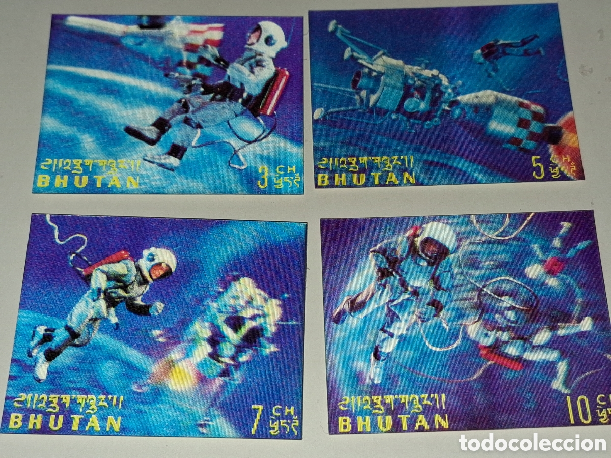 Stamps: Sello, 3D Bhutan nuevo/bg 1967. Conquista espacio. Astronauta. Estaci&oacute;n. Planeta. Astros. &Oacute;rbita. Co