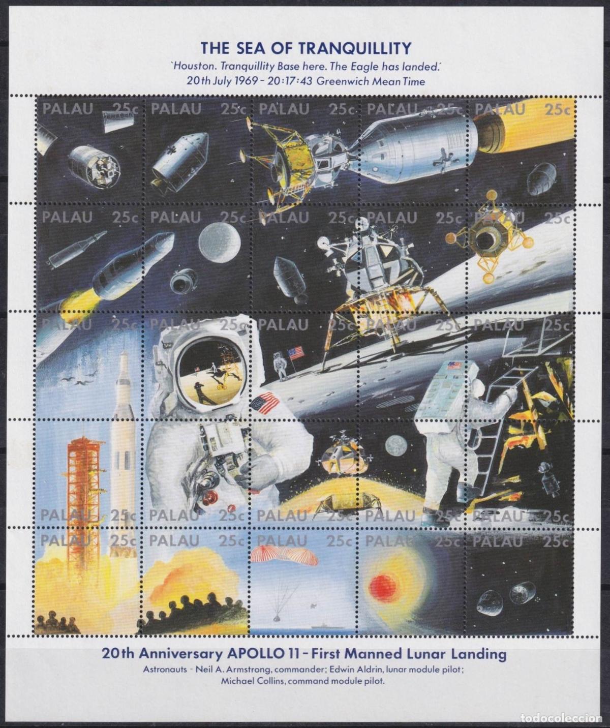 Stamps: F-EX64355 PALAU MNH 1989 20th APOLLO 11 MANNED MOON LANDING EXPLORATION SPACE SATELLITE SHEET.