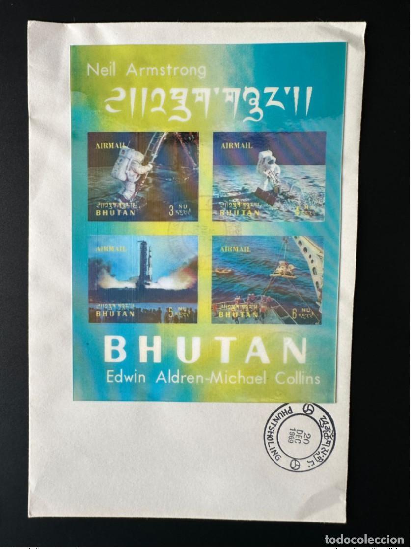 Sellos: But&aacute;n 1969 Mi. Bl. 34 FDC Primer d&iacute;a de alunizaje en 3D Luna Apolo 11