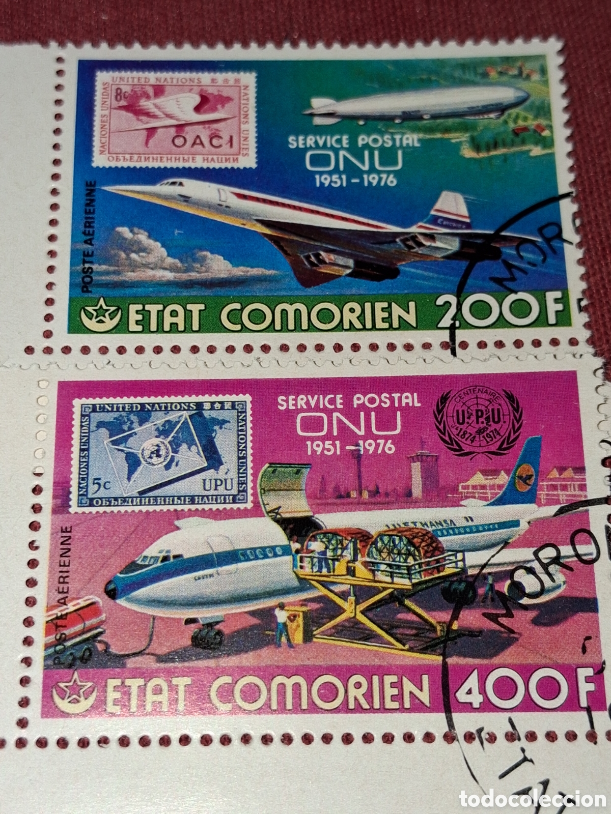 Stamps: Sello Comoras mtdo 1976. 25Aniv servicio postal Naciones Unidas. Sat&eacute;lite. Aviones. Aviaci&oacute;n. Globo.
