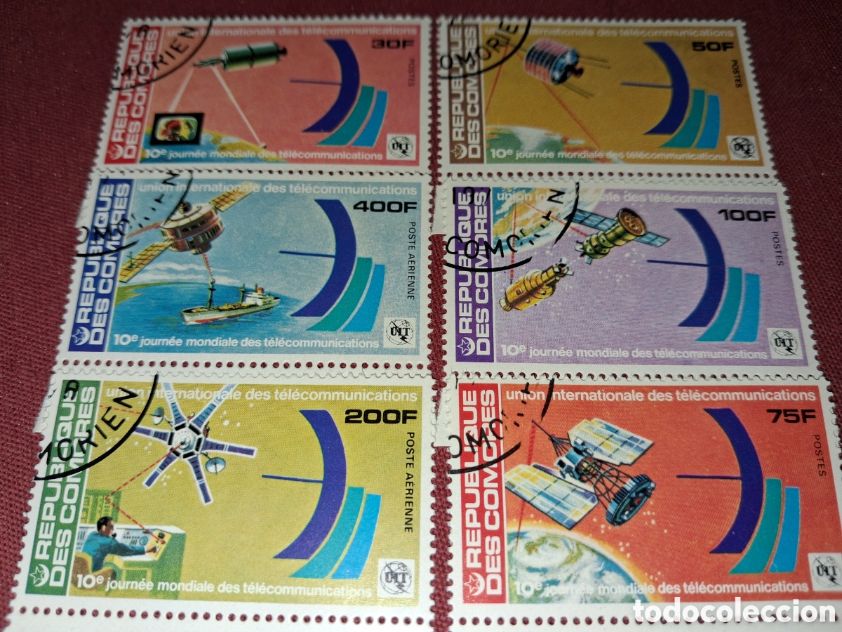 Stamps: Sello (2series) Comoras mtdo 1978. Dia intern telecomunicaciones. Espacio. Sat&eacute;lite. Planeta. Ondas