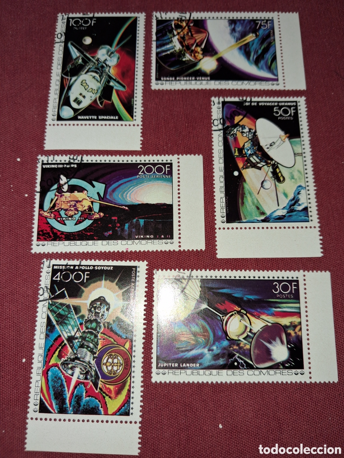Sellos: Sello (2series) Comoras mtdo 1977. Vuelos espacio. Cosmos. Sat&eacute;lites. Naves. Transbordador. Planeta
