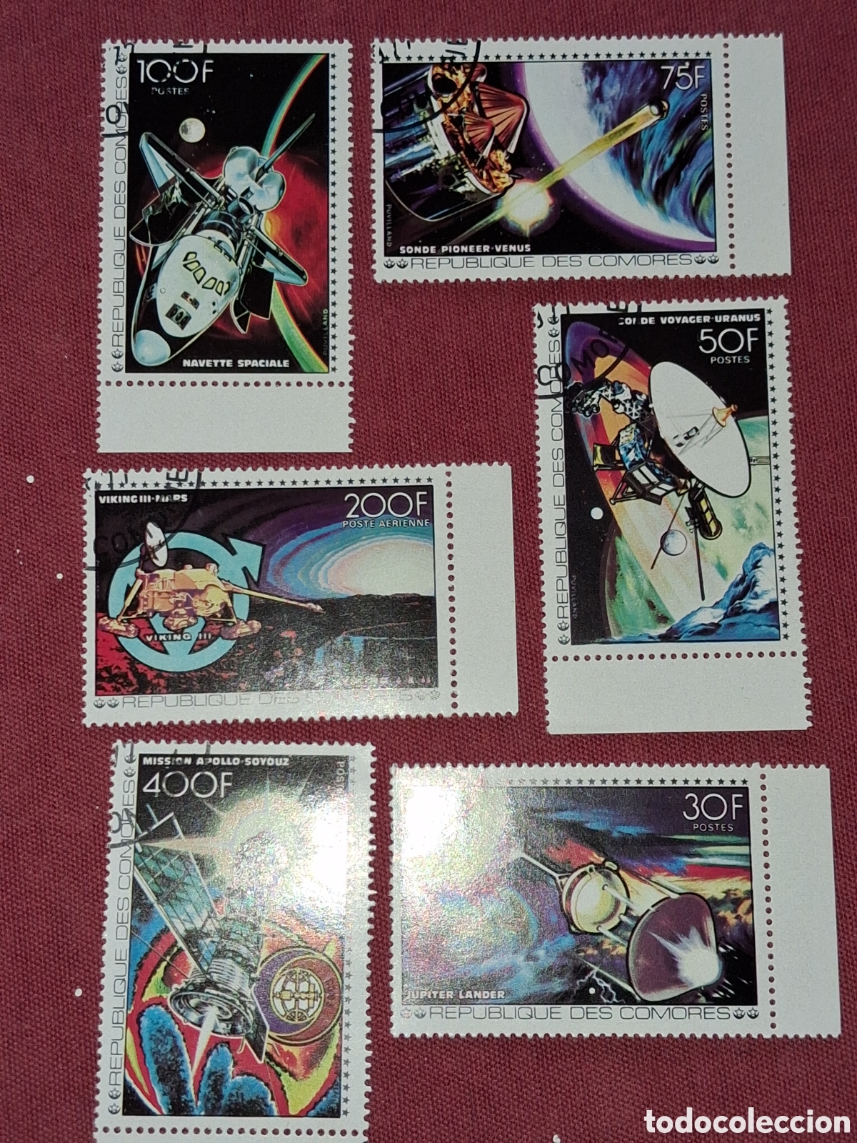 Sellos: Sello (2series) Comoras mtdo 1977. Vuelos espacio. Cosmos. Sat&eacute;lites. Naves. Transbordador. Planeta
