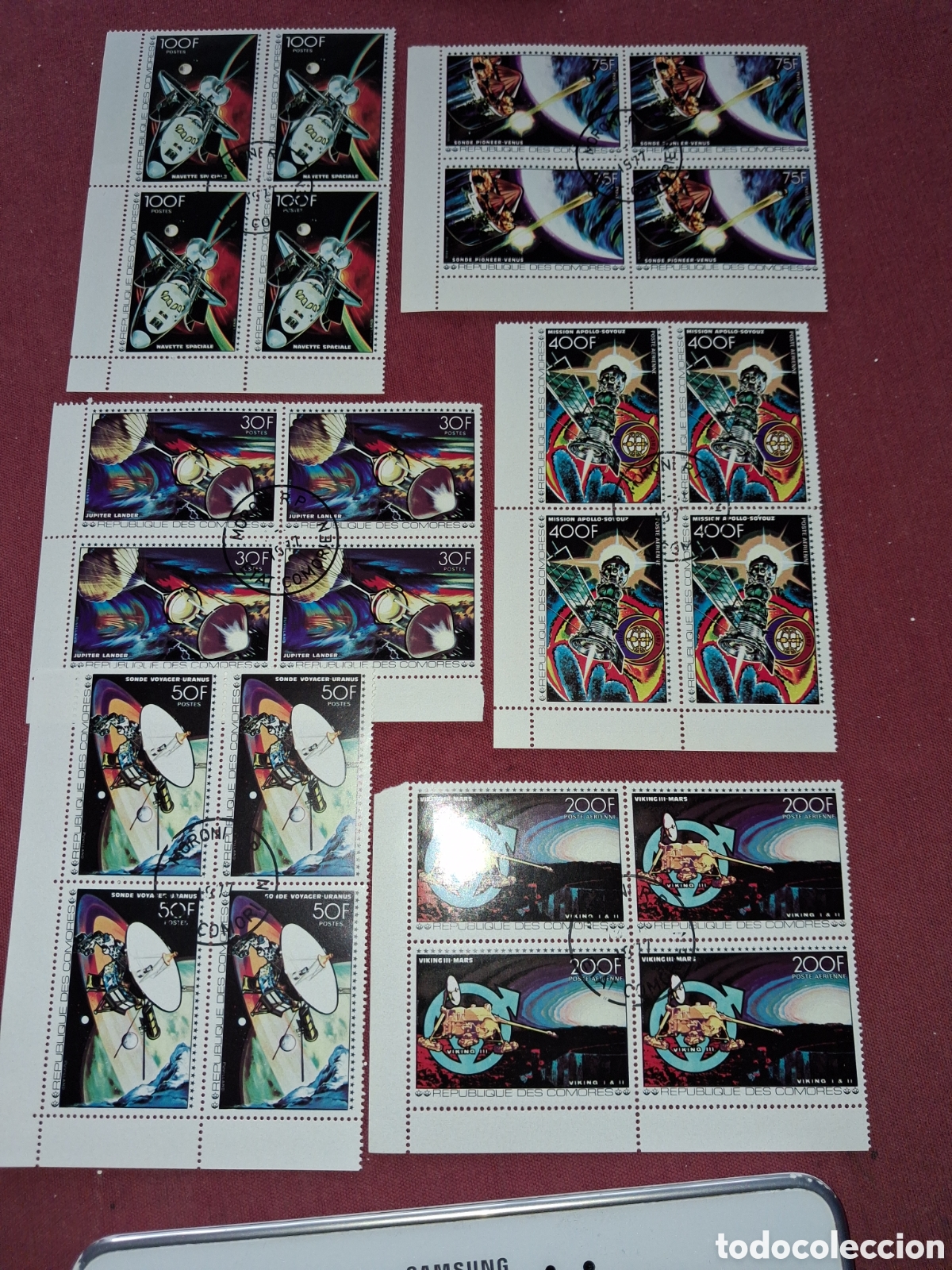 Sellos: Sello (2series) Comoras mtdo 1977. Vuelos espacio. Cosmos. Sat&eacute;lites. Naves. Transbordador. Planeta